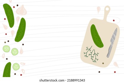 Cucumber and knife on cutting board with cucumber border and copy space. Wooden kitchen food board with vegetables. Food template for menu, recipe, cook book. vector illustration isolated on white