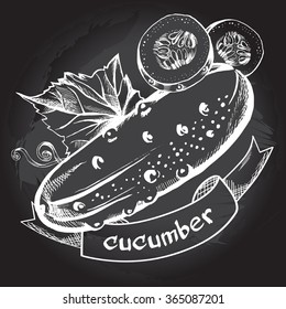 Cucumber with leaf and sliced on the blackboard. Vector Illustration.