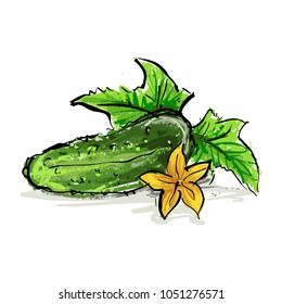 Cucumber with leaves and a flower.