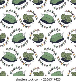 Cucumber and Leaves. Seamless pattern on a white background. Cute vector illustration.