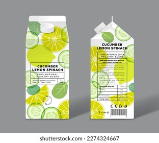 Cucumber, Lemon and Spinach detox, healthy mix. Template packaging design. Transparent fruits, vegetables and green leaves.