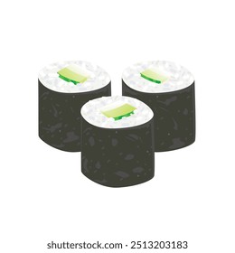 Rollo maki del pepino aislado en el fondo blanco. Ilustración vectorial de comida japonesa
