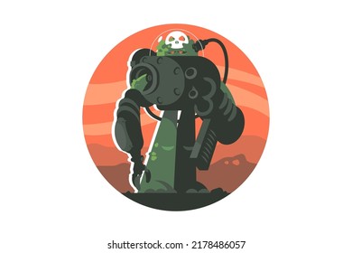 Cucumber man in spacesuit with weapon vector illustration. Veggie explore galaxy in protective gear flat style. Mission, outer space concept