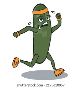 Cucumber mascot running. Vector illustration of vegetable character walking fast and sweating. isolated on white background.