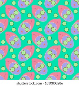 Cucumber mask, seamless pattern on blue background.