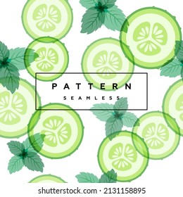 Cucumber and mint leaves seamless pattern. vegetables and herb background. Transparent leaves, vegetables and frame with text is on separate layer. Label and packaging simple design.