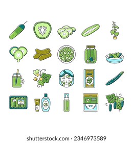 Cucumber Natural Bio Vegetable Icons Set Vector. Cucumber Ingredient For Preparing Vitamin Salad And Eco Cream Cosmetics, Spa Salon Healthy Procedure And Facial Mask Color Illustrations