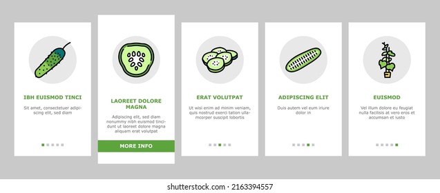 Cucumber Natural Bio Vegetable Onboarding Mobile App Page Screen Vector. Cucumber Ingredient For Preparing Vitamin Salad And Eco Cream Cosmetics, Spa Salon Healthy Procedure Facial Mask Illustrations