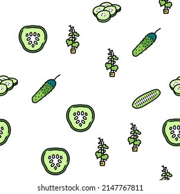 Cucumber Natural Bio Gemüse Vektor Nahtlose Muster Thin Line Illustration