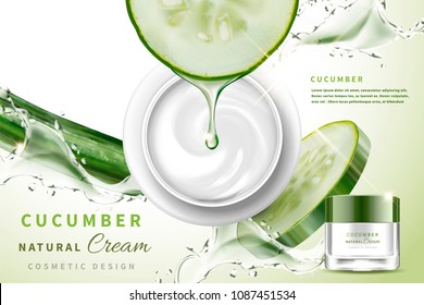 Cucumber natural cream with ingredients dripping serum in 3d illustration, top view of cream jar