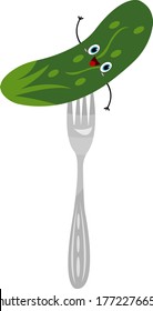 Cucumber on a fork a cheerful cartoon character laughing and amiably waving an object on a white background food and snack concept.