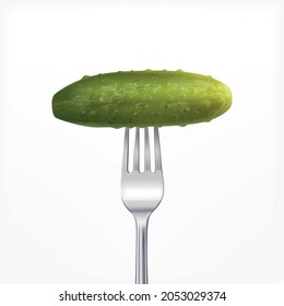 Cucumber on fork realistic composition with isolated image of fresh pickled cucumber on shiny silver fork vector illustration