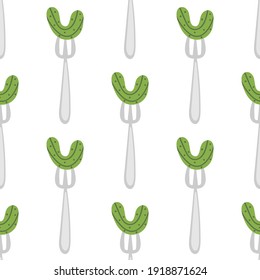 Cucumber en el estilo de caricatura vectorial de horquilla con un fondo de patrón sin fisuras.
