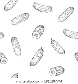 Cucumber outline. Seamless pattern. Hand drawn vector sketch. Black on transparent background