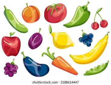 Cucumber, Peach, Tomato, Pepper, Cherries, Apple, Plum, Lemon, Grape, Banana, Carrot, Eggplant, Peas, Blackberry, Blueberry Set Cartoon Vector Illustration