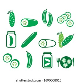 Cucumber, pickled, cucumber slices - healthy food vector icons set, green vegetable pictograms
