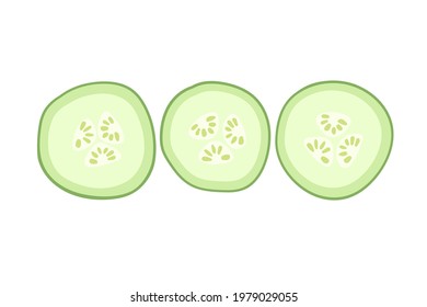 Cucumber pieces. Overhead view of isolated sliced ring. Vegetable for the Mediterranean or vegan diet. Flat design style for menu, cafe, restaurant, poster, banner, emblem, sticker.