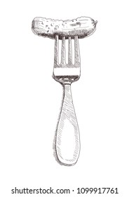 Cucumber planted on the fork. Hand drawn sketch. Vector illustration.