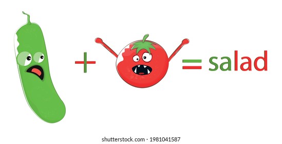 Cucumber plus tomato equals salad. Vector.