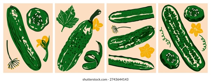 Cucumber posters. Organic vegetable backgrounds vintage style, abstract veggies food, fresh natural farm products for healthy diet, green pickles risograph covers. Vector set.
