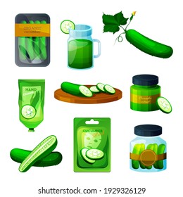 Cucumber products, food or drinks and natural organic skincare cosmetics, vector icons. Cucumber vegetable vegetarian smoothie juice and pickles, cucumber extract moisturizer cream and facial mask