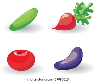 Cucumber, radish, tomato and eggplant. Vector.