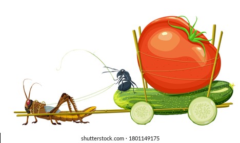 Cucumber ride. Vector illustration with ant riding a cucumber carriage pulled by a locust. Conceptual children book illustration.