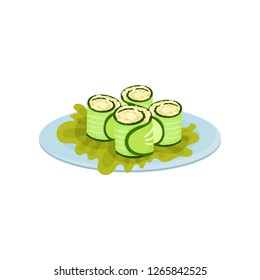 Cucumber rolls stuffed with feta cheese. Tasty snacks for banquet. Holiday food. Flat vector design