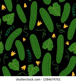 Cucumber seamless pattern on black background. Vegetable wallpaper. Design for fabric, textile print, wrapping paper, textile, restaurant menu. Vector illustration