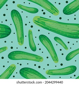 Cucumber seamless pattern on blue background. Flat design. Vector illustration.