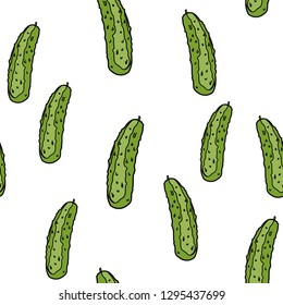 Cucumber seamless pattern on white background. Vector illustration for ads, menu and web banner designs. Organic and healthy food concept.