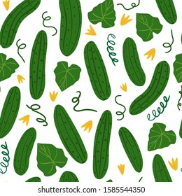 Cucumber seamless pattern on white background. Vegetable wallpaper. Design for fabric, textile print, wrapping paper, textile, restaurant menu. Vector illustration