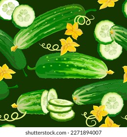 Patrón de pepino sin costura con piezas y flores. Cultivar alimentos orgánicos saludables en un fondo verde. Concepto de cocina. Ilustración vectorial.