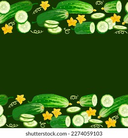 Patrón de pepino sin costura con rodajas, flores y hojas. Patrón vegetal en forma de tira. Comida fresca y saludable con un fondo verde. Concepto de cocina vegetal. Ilustración vectorial.