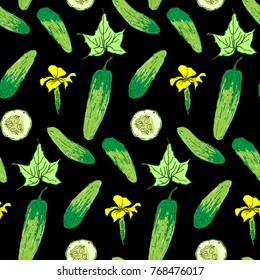 Cucumber seamless pattern. Vegetable background. Isolated Cucumber whole and sliced pieces. Vector illustration