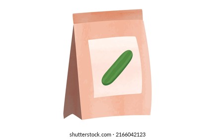 Cucumber de semillas empaquetan la ilustración de la acuarela aislada en fondo blanco. Paquete de semillas de pepino estilo de caricatura de clipart. El dibujo de la acuarela de las semillas de verduras. Trabajos de jardín. Paquete de semillas