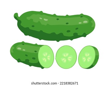 Cucumber set. Vector illustrations of fresh vegetable and food ingredient. Cartoon whole organic cucumber, cut into half and slices isolated on white. Vitamin, nutrition, vegetarian diet concept