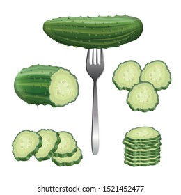 Cucumber set: whole, half, slices and cucumbers group. Vector illustration isolated on white background
