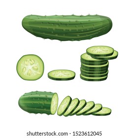 Cucumber set: whole, half, slices and cucumbers group. Vector illustration isolated on white background