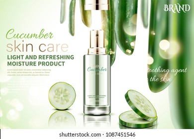 Cucumber skin care spray with ingredients in 3d illustration, glittering background