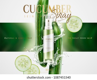 Cucumber skin care spray with splashing water and ingredients in 3d illustration