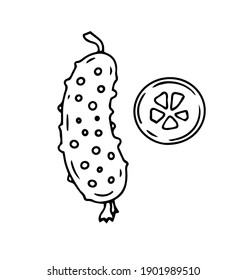 Cucumber and slice, black and white graphic vector illustration