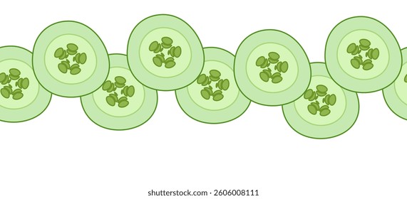 Cucumber slice horizontal seamless border. Vector flat illustration Natural healthy organic food Flat isolated on a white background. Ideal for menu, package, cosmetic, textile, cards  Eat green