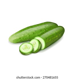 Cucumber And Slice Isolated On White Photo-realistic Vector Illustration