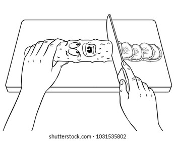 Cucumber slice with knife coloring vector illustration. Cartoon character. Isolated image on white background. Comic book style imitation.