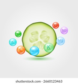 Cucumber slice surrounded by vitamins and minerals. Fruits in vitamin K essential to the health care. Natural alternative supplements. Vector illustration.