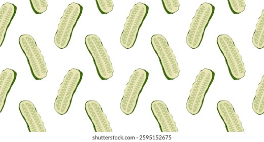 Cucumber slices arranged in a repeating pattern on a white background ideal for various design projects