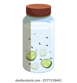 Cucumber slices are fermenting in a glass jar with brine and spices, a preservation method for pickles