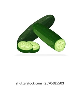 cucumber with slices flat vector illustration clipart isolated on white background