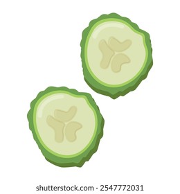 Fatias de pepino. Vegetal verde fresco, pedaços cortados, seções com composição de sementes. Alimentos crus saudáveis. Texturizados legumes estilizados. Ilustração de vetor plano isolada no plano de fundo branco